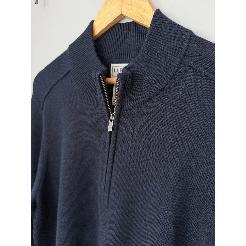 LL Bean Mens Essential Merino 1/4 Zip Sweater Navy Heather Wool L 525913